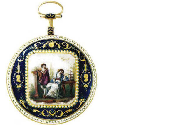 As caixas dos relógios produzidos pelos artesãos da Congregação de Genebra, como estes exemplares conservados no Museu Patek Philippe (inv. S-210), inspiram-se no quotidiano, cores, texturas e paisagens do Oriente. © Patek Philippe Museum, Genève