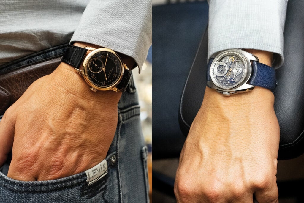 Dois pulsos com relógios Akrivia.