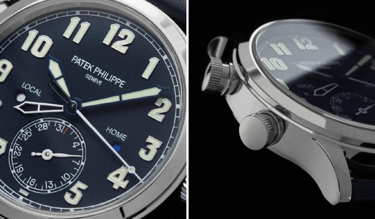O relógio Patek Philippe Calatrava Pilot Travel Time visto com mostrador em detalhe, bem como de lado, de modo a se ver os dois botões laterais