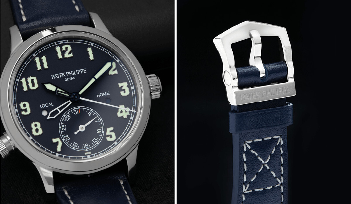 O relógio Patek Philippe Calatrava Pilot Travel Time e a bracelete em borracha com fivela.