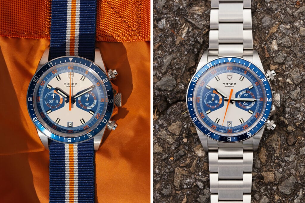Tudor Heritage Chrono Blue com bracelete em tecido às riscas azuis, laranjas e brancas e Tudor Heritage Chrono Blue com bracelete em aço.