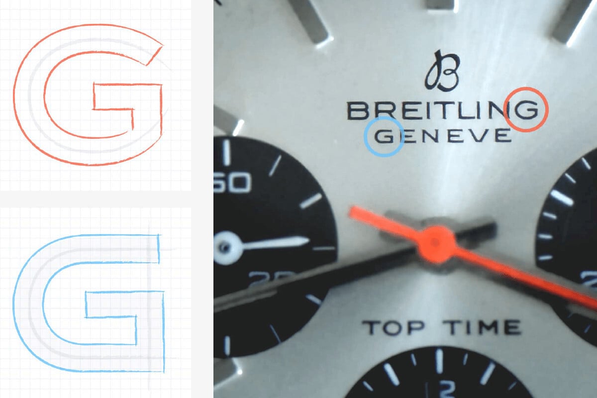 Promenor mostrador Breitling e ênfase às letras "G" das palavras Breitling e Geneve do mostrador