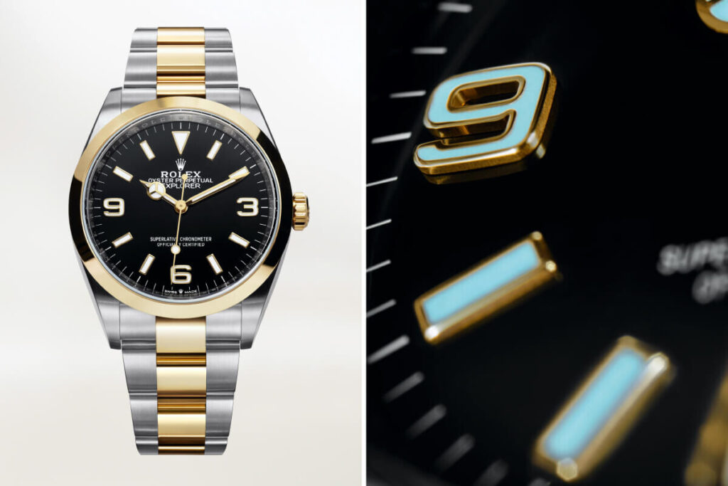 Rolex Explorer visto de frente e pormenor do numeral 9 com ênfase para a luminescência