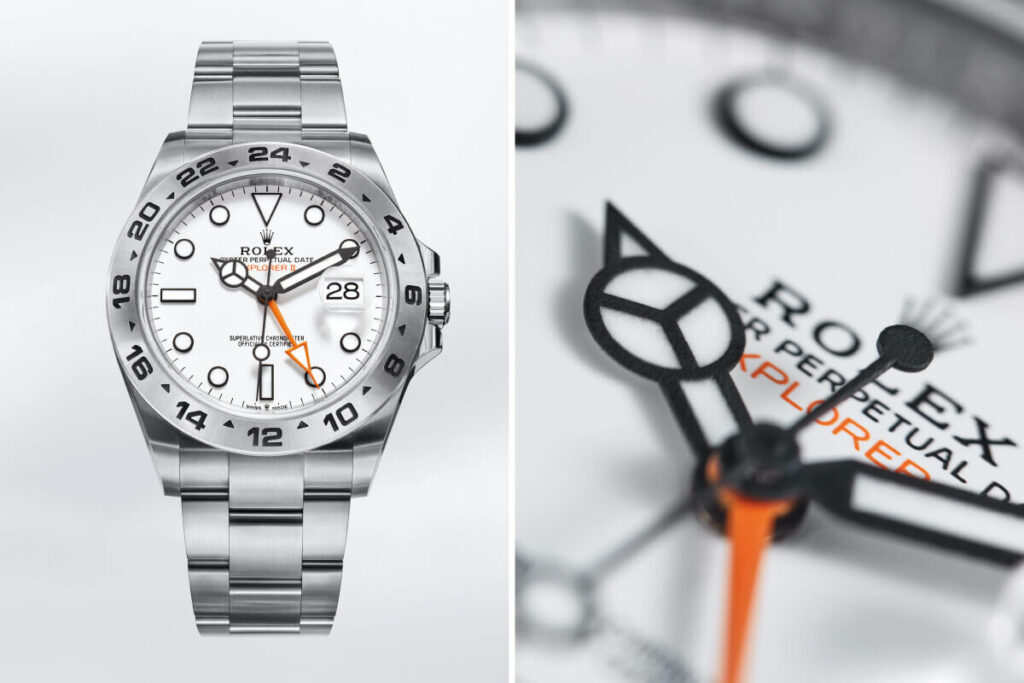 Rolex Explorer II visto de frente e pormenor dos ponteiros Mercedes.