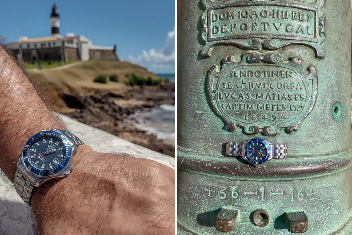Omega Seamaster 300M GMT James Bond no forte de Santo Ant&oacute;nio da Barra, em Salvador, Brasil