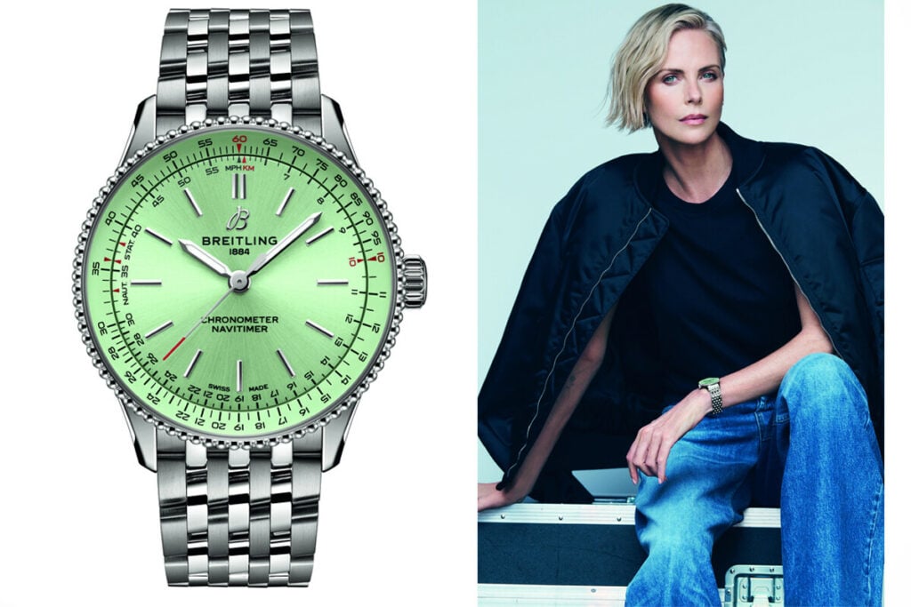 A atriz Charlize Theron é embaixadora da marca e usa um Navitimer | Foto: Breitling