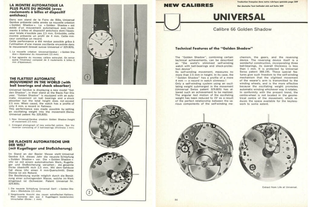 Anúncio da Universal Genève sobre o Golden Shadow publicado na Europa Star em 1966 | Imagem cedida por Breitling