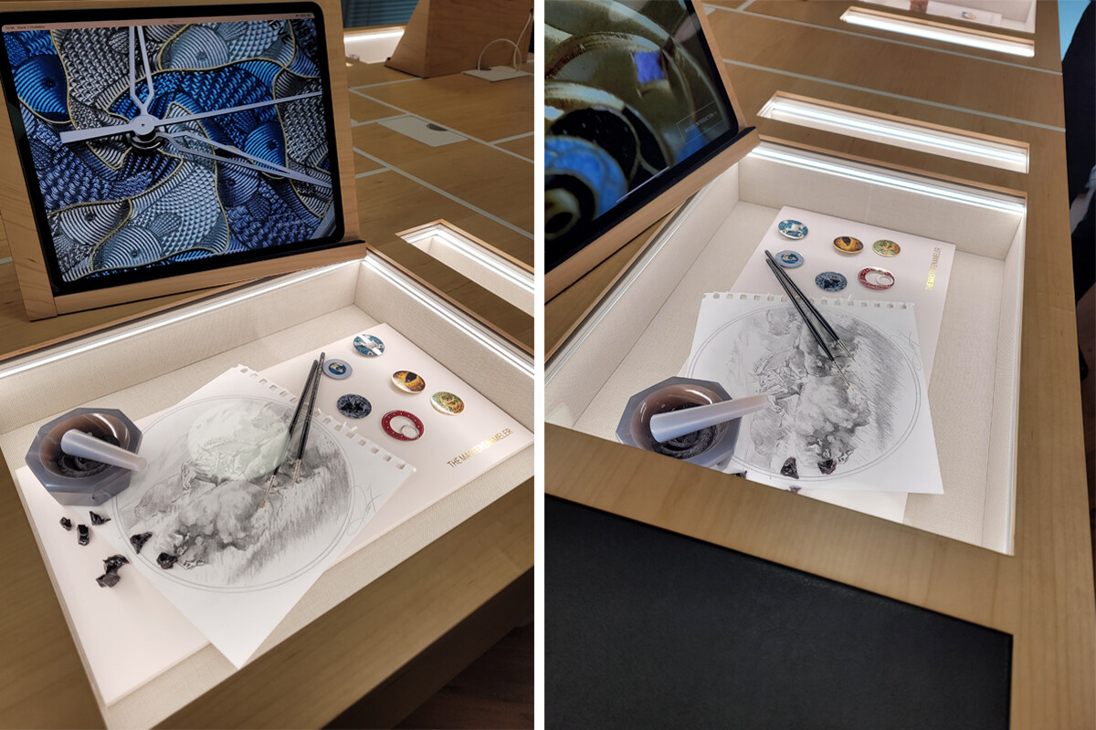 Manufacture Experience: a pintura de esmalte em minatura pode ser combinada com outras técnicas, de modo a oferecer diferentes soluções estéticas. À esquerda, o monitor destaca a série 'Les Univers Infinis', dedicada a M.C. Escher | Foto: Cesarina Sousa/ Espiral do Tempo