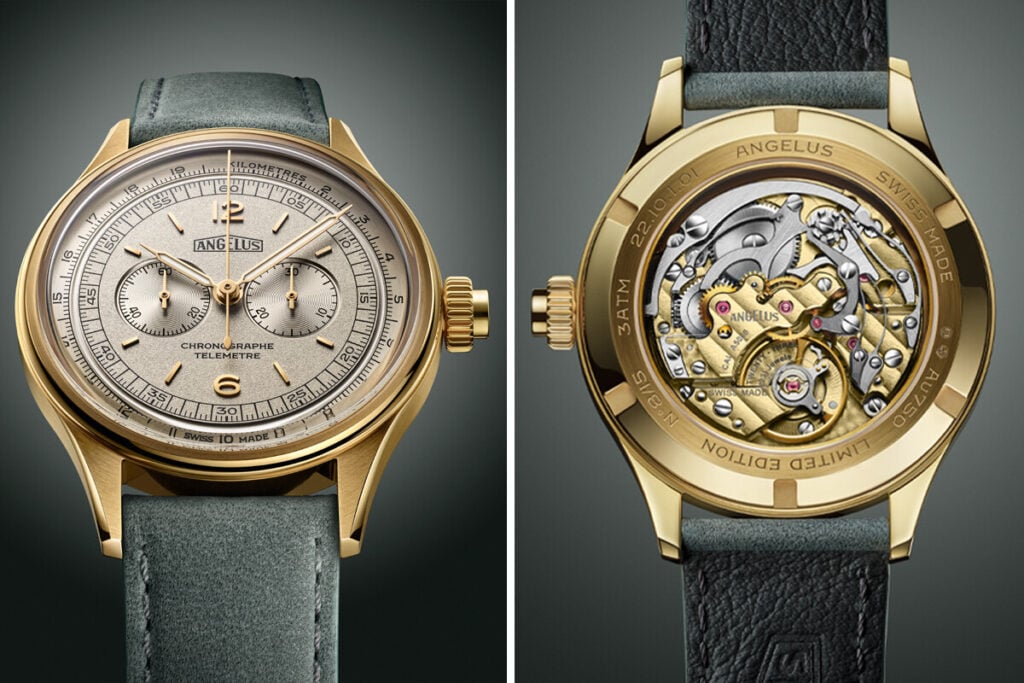 Relógio em ouro com mostrador e fundo Angelus Chronographe Telemetre