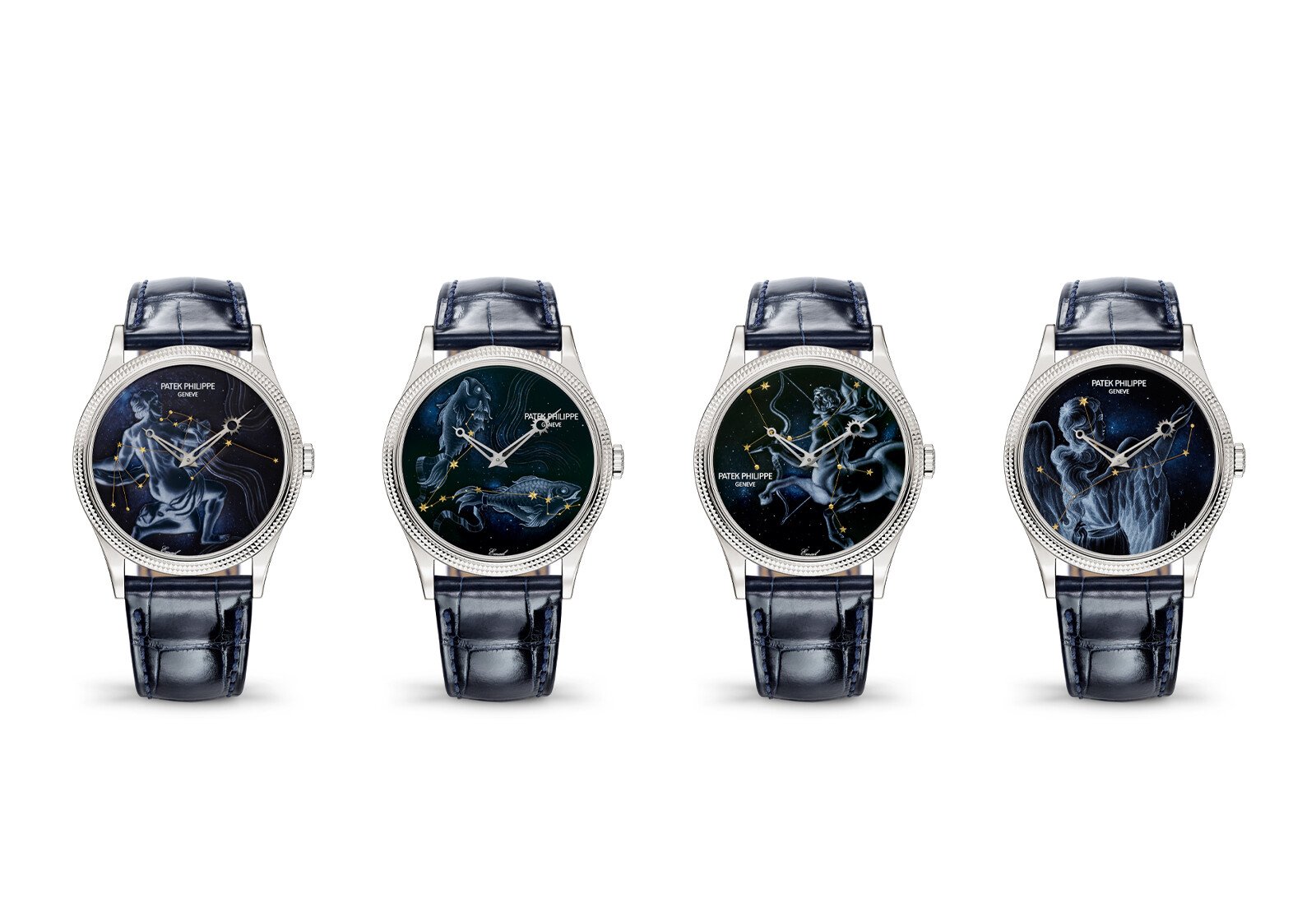 Relógio de pulso Constellations: Ref. 5177G-040 Gemini; Ref. 5177G-049 Pisces; Ref.5177G-046 Sagitarius; Ref. 5177G-043 Virgo | Fotos: Patek Philippe