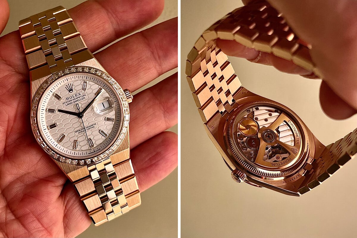 Versão joalheira do Rolex Land-Dweller em Everose e o fundo transparente | Foto: Miguel Seabra/Espiral do Tempo