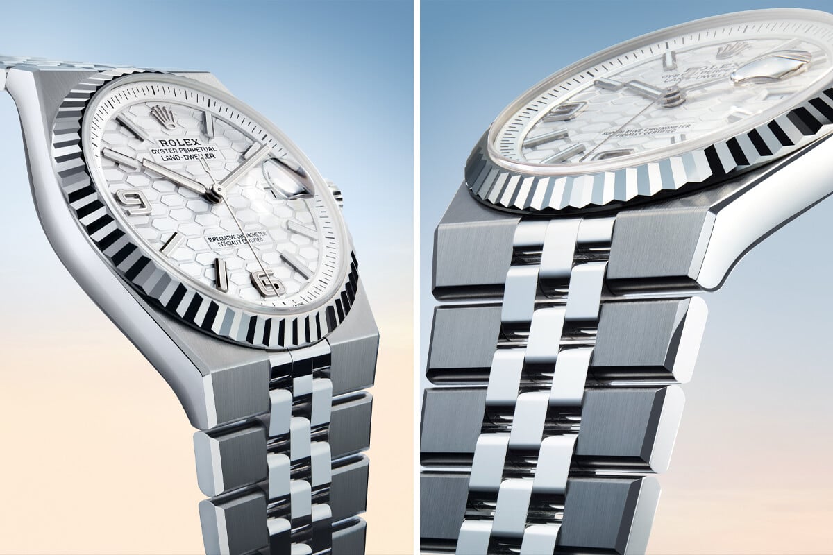 Pormenores da integração da bracelete Jubilee 'plana' na estrutura da caixa do Land-Dweller | Fotos: Rolex
