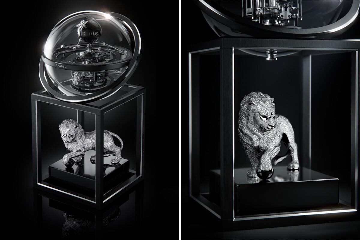 Relógio de mesa Chanel Lion Astroclock do qual salta à vista um leão cravejado de diamantes.