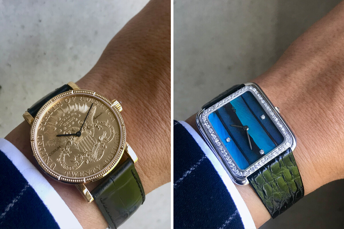 Corum no pulso: o emblemático Coin Watch e um modelo com mostrador feito à base de penas de pavão | Fotos: Miguel Seabra/Espiral do Tempo