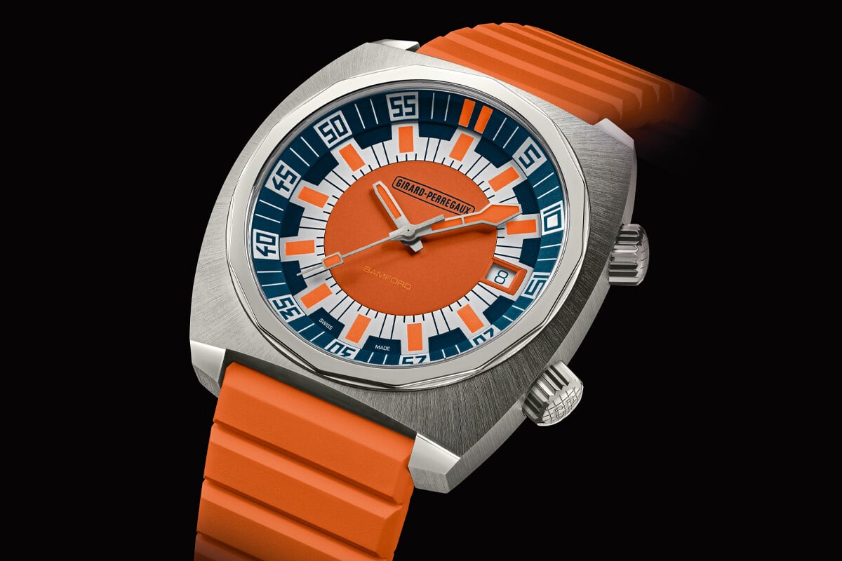 Relógio Girard-Perregaux Deep Diver, edição limitada com mostrador azul, laranja e branco e caixa em titânio de 40 mm.