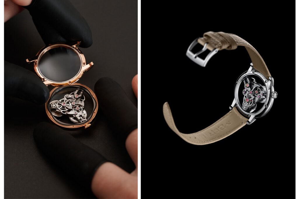 O SP One apresenta um movimento de corda manual que parece suspenso na estrutura transparente | Foto: MB&F