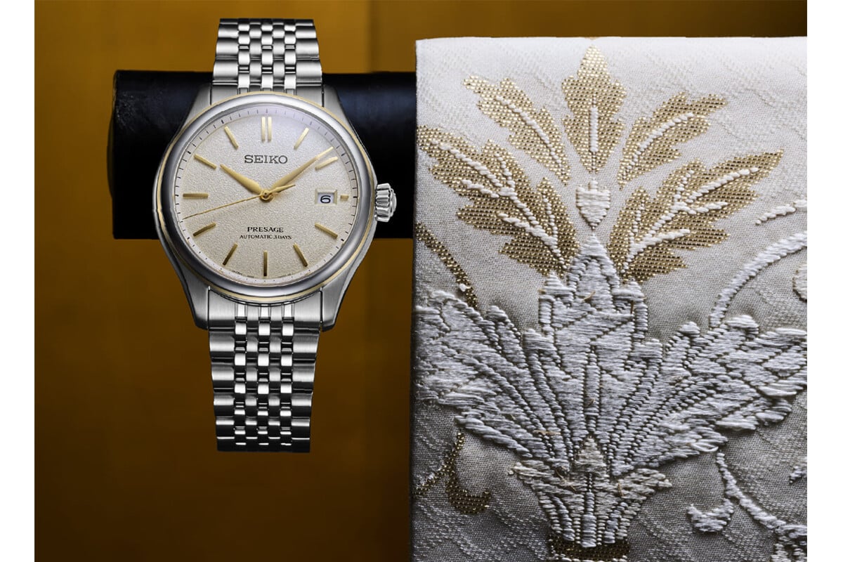 Museu Presage: Relógio Presage da Seiko junto a um tecido japonês