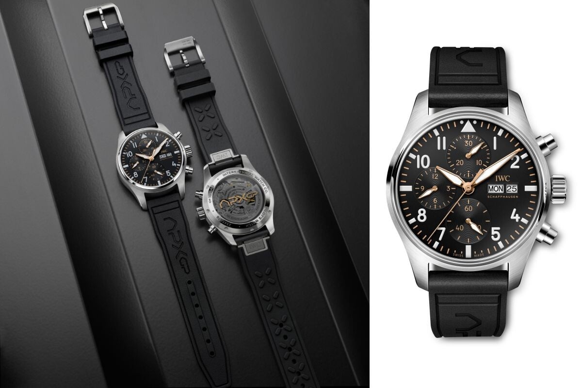 Duas imagens com três cronógrafos IWC com mostrador preto, caixa em aço, bracelete em borracha e pormenores dourados. Estes relógios foram usados no filme F1: The Movie