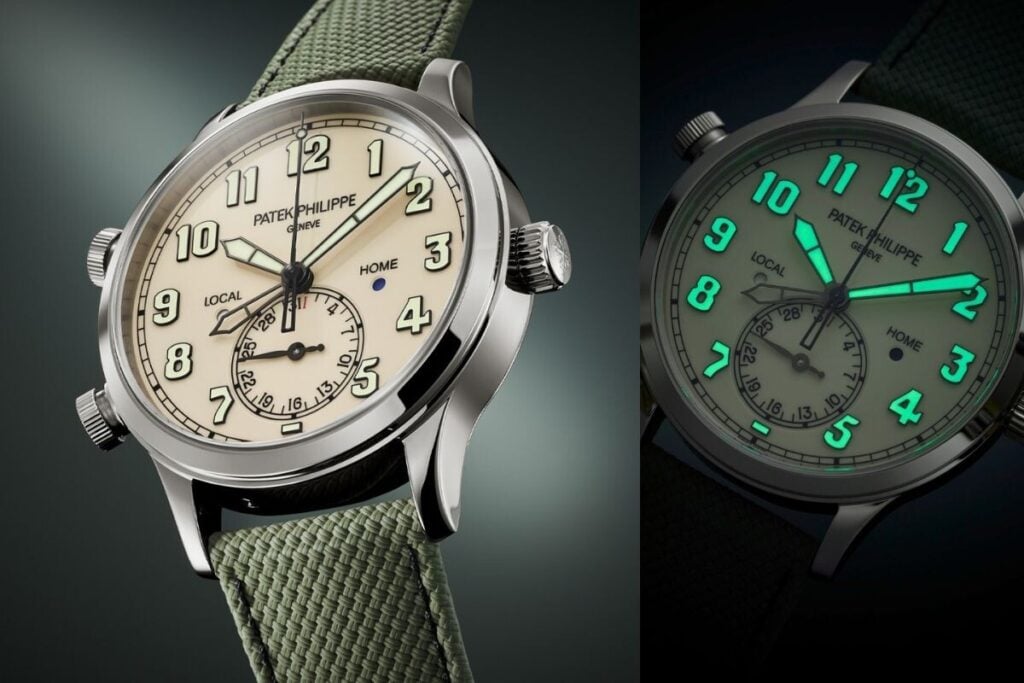Patek Philippe Novidades 2025: Relógio Patek Philippe com caixa em ouro branco, mostrador branco e bracelete verde. O nome do relógio é Calatrava Pilot Travel Time Ref. 5524G-010.