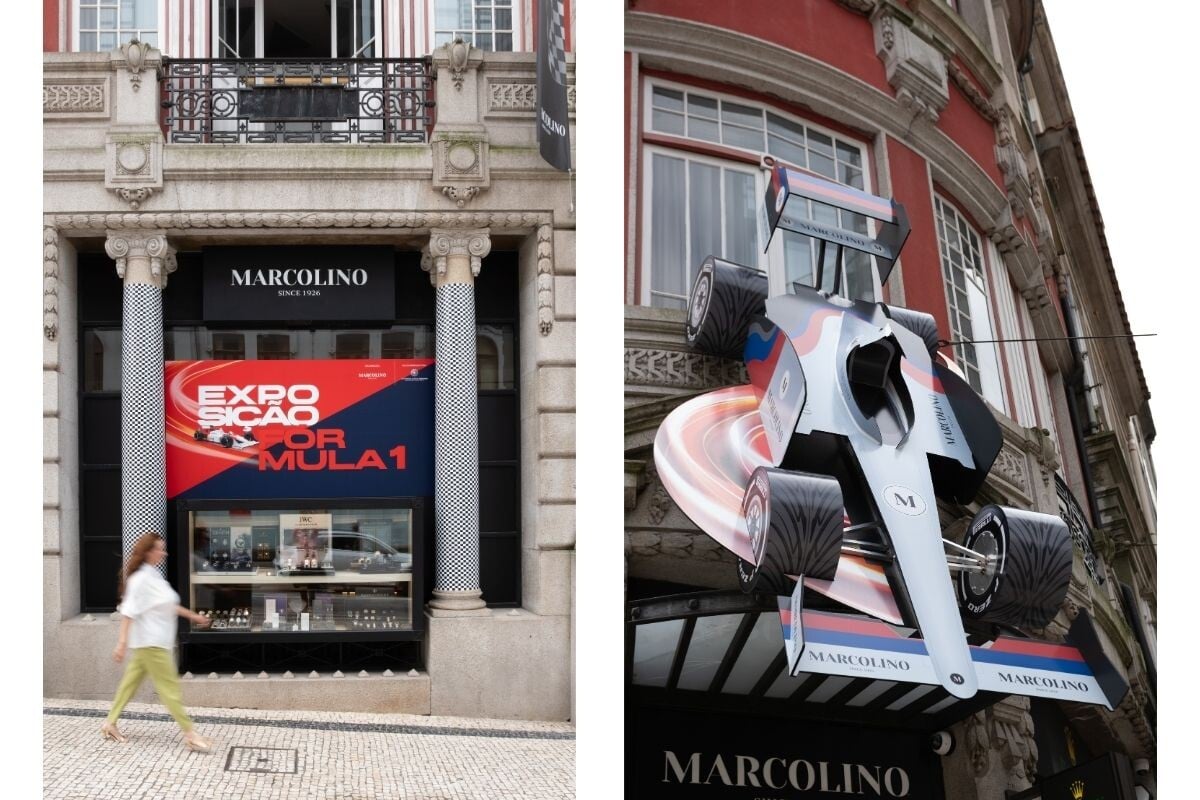 Entrada da exposição dedicada à Fórmula 1 promovida pela Marcolino no Porto. No cimo da porta, destaque para uma réplica de um carro de Fórmula 1 em grandes dimensões