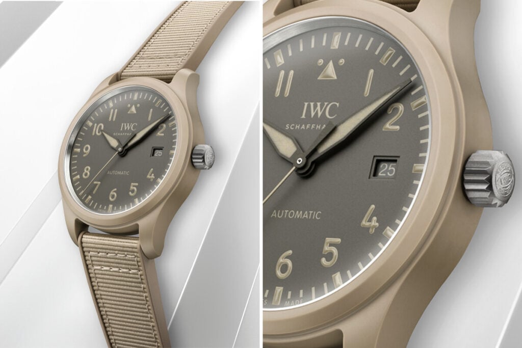 Relógio IWC Pilot’s Watch Automatic 41 Top Gun “Mojave Desert” com caixa de cerâmica bege, mostrador castanho com data às 3h e bracelete em tecido a condizer. Detalhe da coroa e dos ponteiros luminescentes.