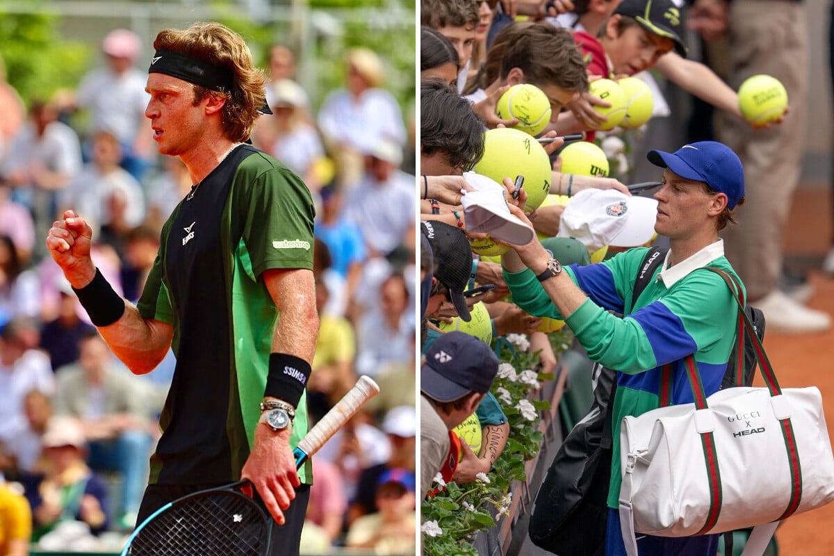 Andrey Rublev com o seu Vanguart Orb; Jannik Sinner com um Rolex Daytona em ouro Everose | Fotos: Roland Garros e Rolex