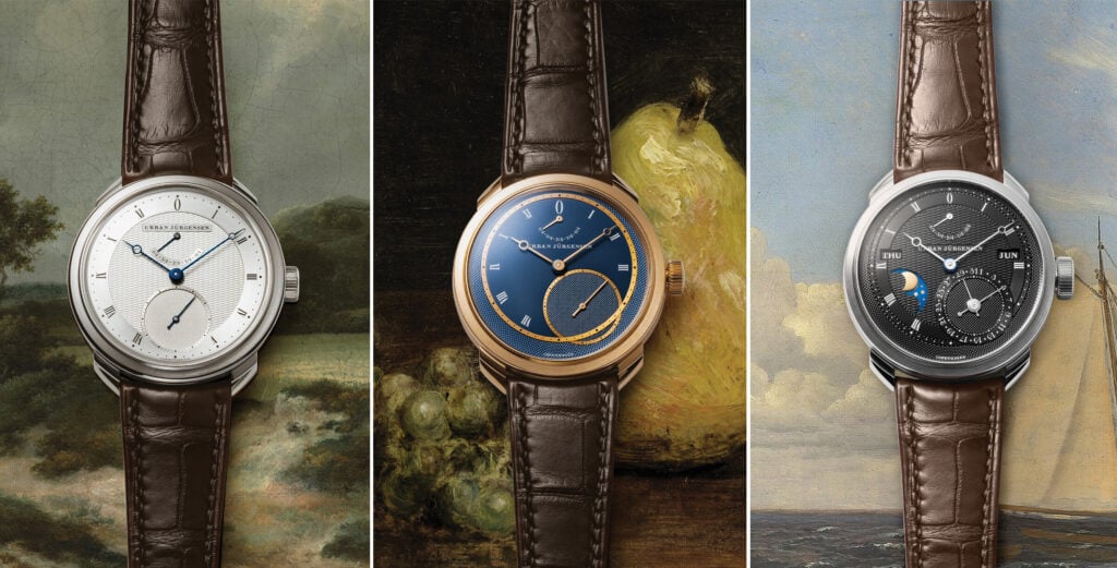 Três relógios da Urban Jurgensen vistos de frente: um com mostrador branco e caixa prateada, outro com mostrador azul e caixa douradas e outros com mostrador preto e caixa prateada
