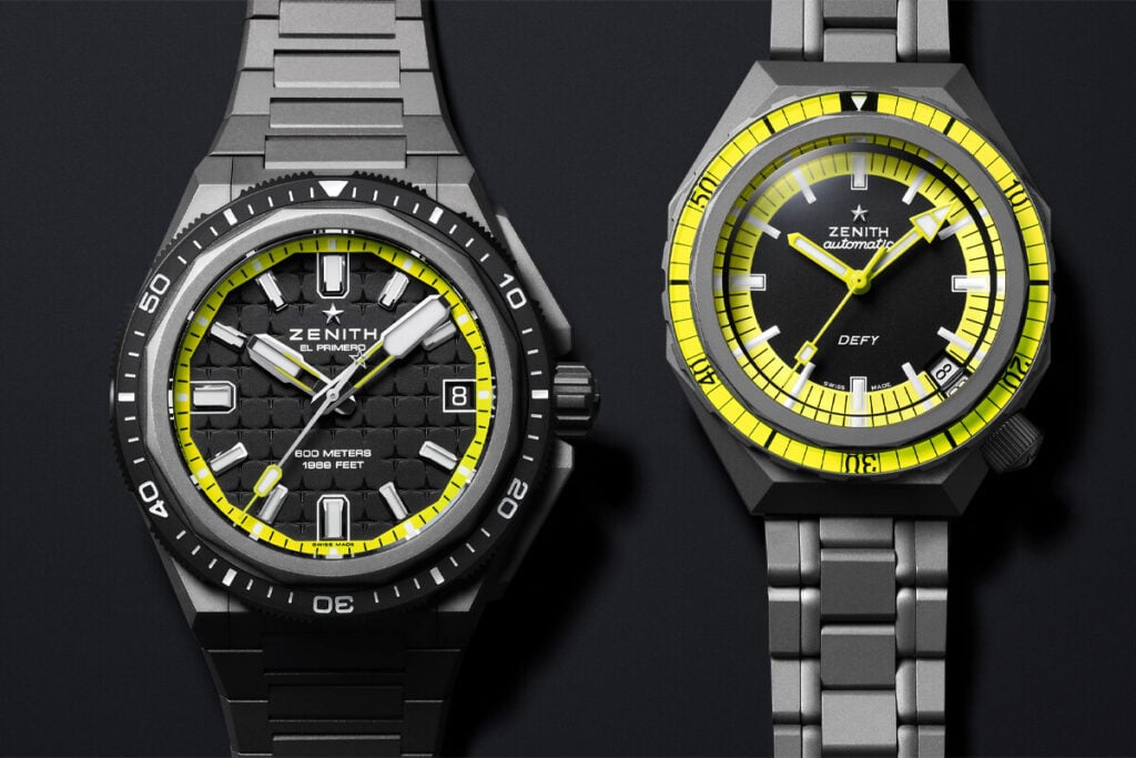 Os dois mais recentes exemplares de mergulho da Zenith: o Defy Extreme Diver Shadow e o Defy Riveval Diver Shadow | Foto: Zenith