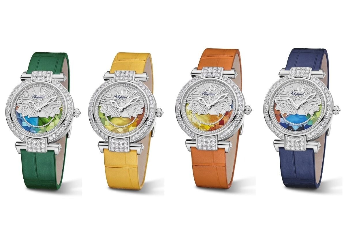 Quatro versões do relógio Chopard Imperiale Four Seasons com braceletes em verde, amarelo, laranja e azul, representando as quatro estações.