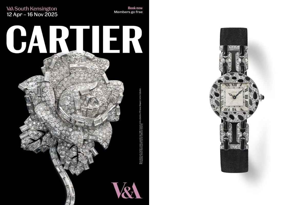 Duas imagens: o cartaz da exposição Cartier em Londres e um relógio de pulso cravejado de pedras preciosas
