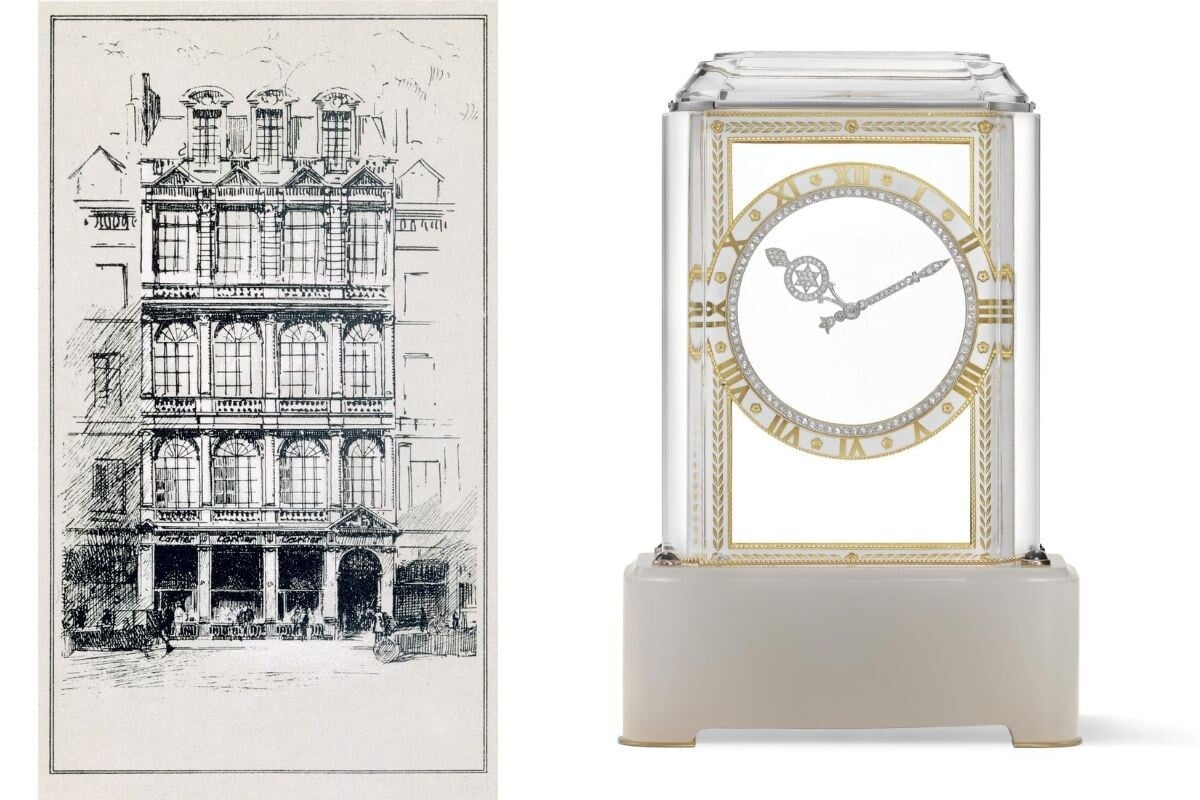 A fachada da Cartier em desenho e um relógio de mesa misterioso da Casa francesa