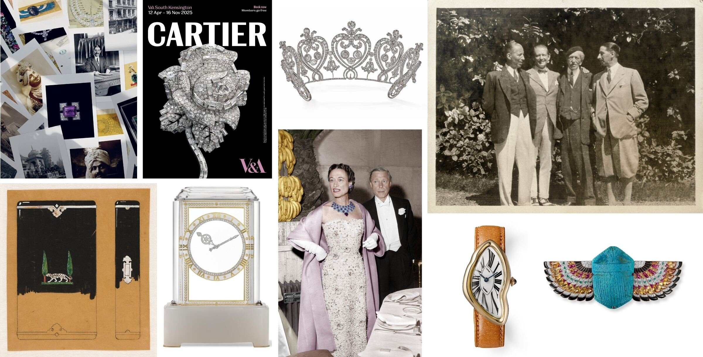 Colagem de peças históricas da Cartier, incluindo relógios, tiaras, broches, designs de arquivo e retratos dos irmãos Cartier a propósito da exposição dedicada à marca no Victoria & Albert Museum em Londres