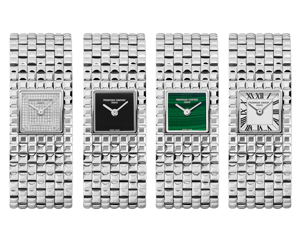 Quatro relógios femininos Frederique Constant Classics Manchette com braceletes metálicos largos e mostradores quadrados de diferentes estilos: pavé de diamantes, preto, verde e branco com numerais romanos.