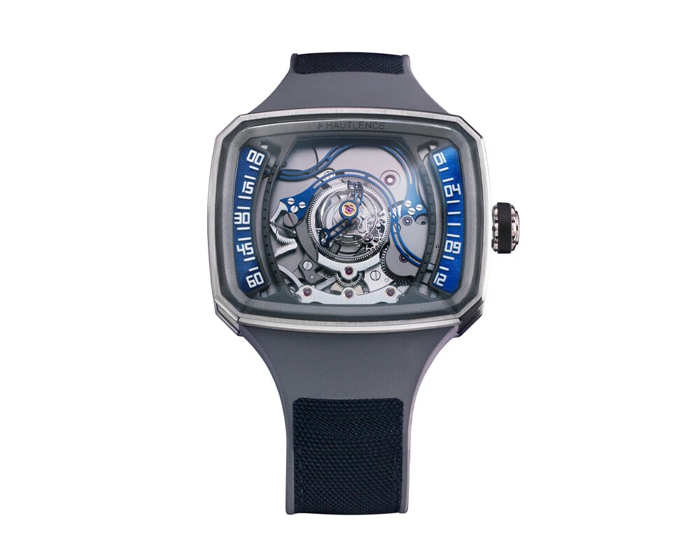 Relógio Hautlence Helix Series 1 com mostrador aberto e mecanismo visível, caixa angular e pulseira azul-escura em borracha.