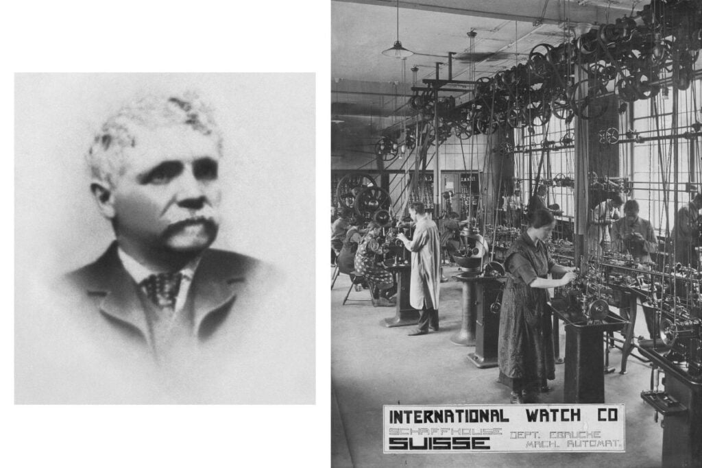 Imagens históricas da manufatura IWC com uma imagem dos trabalhadores e a fotografia do fundador Florentine Ariosto Jones