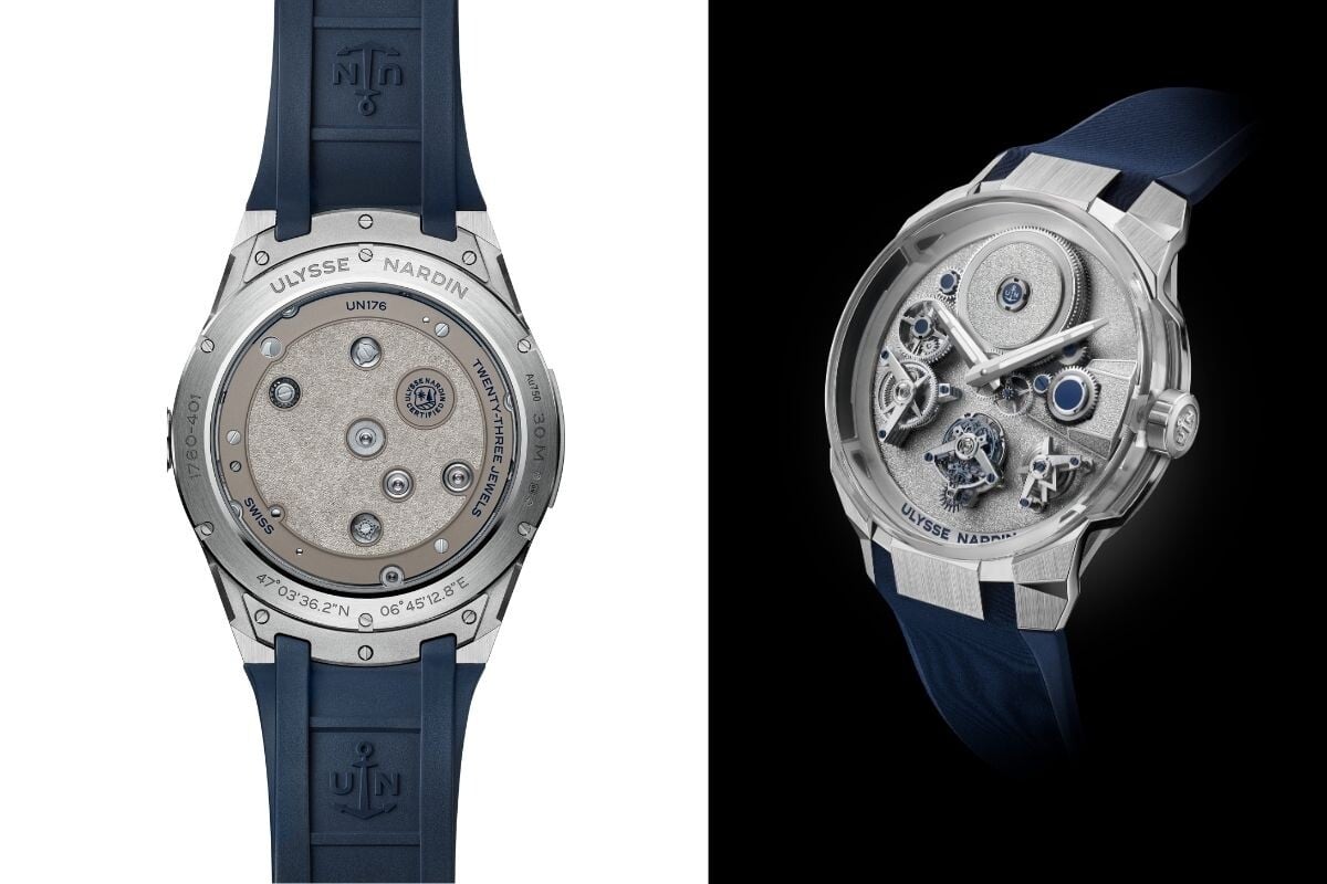 Vista frontal e fundo do relógio Ulysse Nardin Blast Free Wheel Maillechort com bracelete azul.