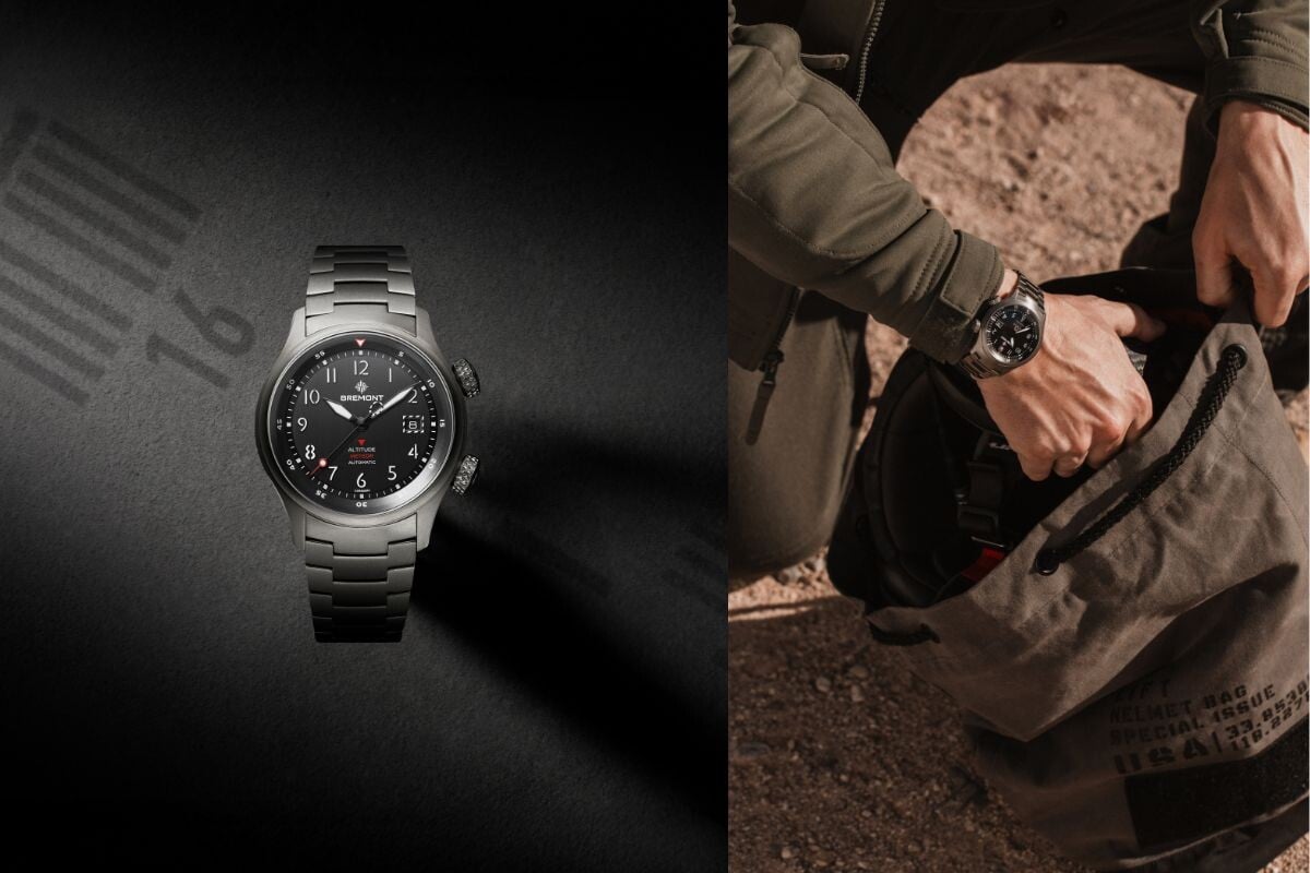 O novo Bremont MB Meteor Orange Barrel, ao lado de uma foto de onde se destaca um pulso com o relógio.