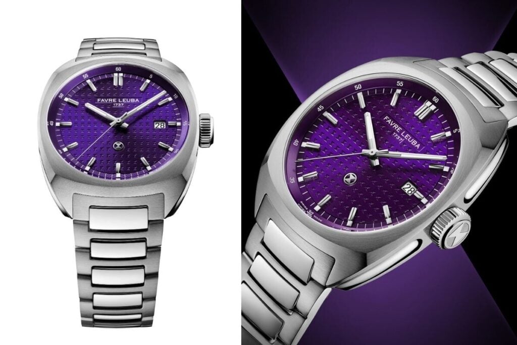 Relógio Favre Leuba Chief Date Royal Purple em duas imagens, na versão com bracelete metálica