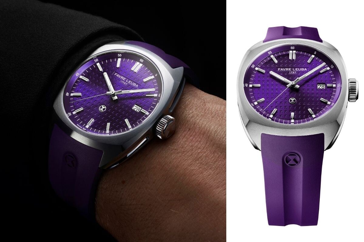 Relógio Favre Leuba Chief Date Royal Purple no pulso e visto de frente