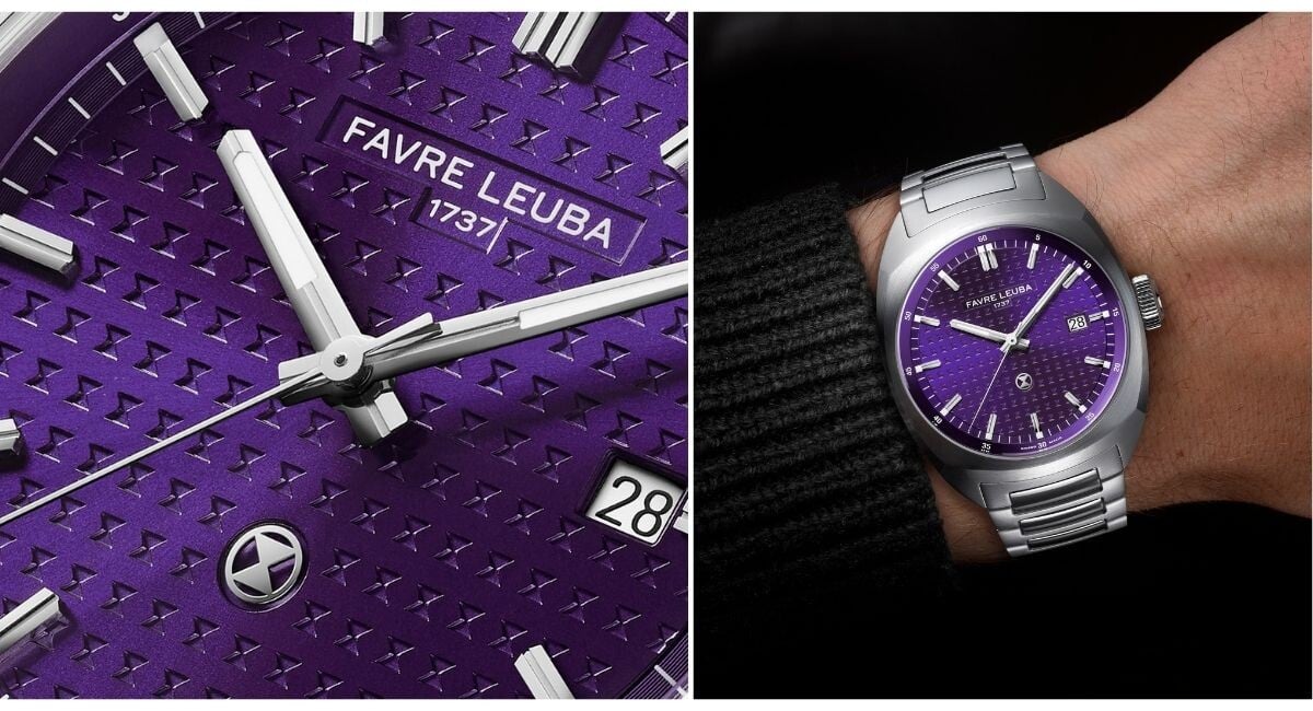 Detalhe do mostrador roxo texturado do Chief Date Royal Purple e relógio Favre Leuba no pulso com bracelete em aço.