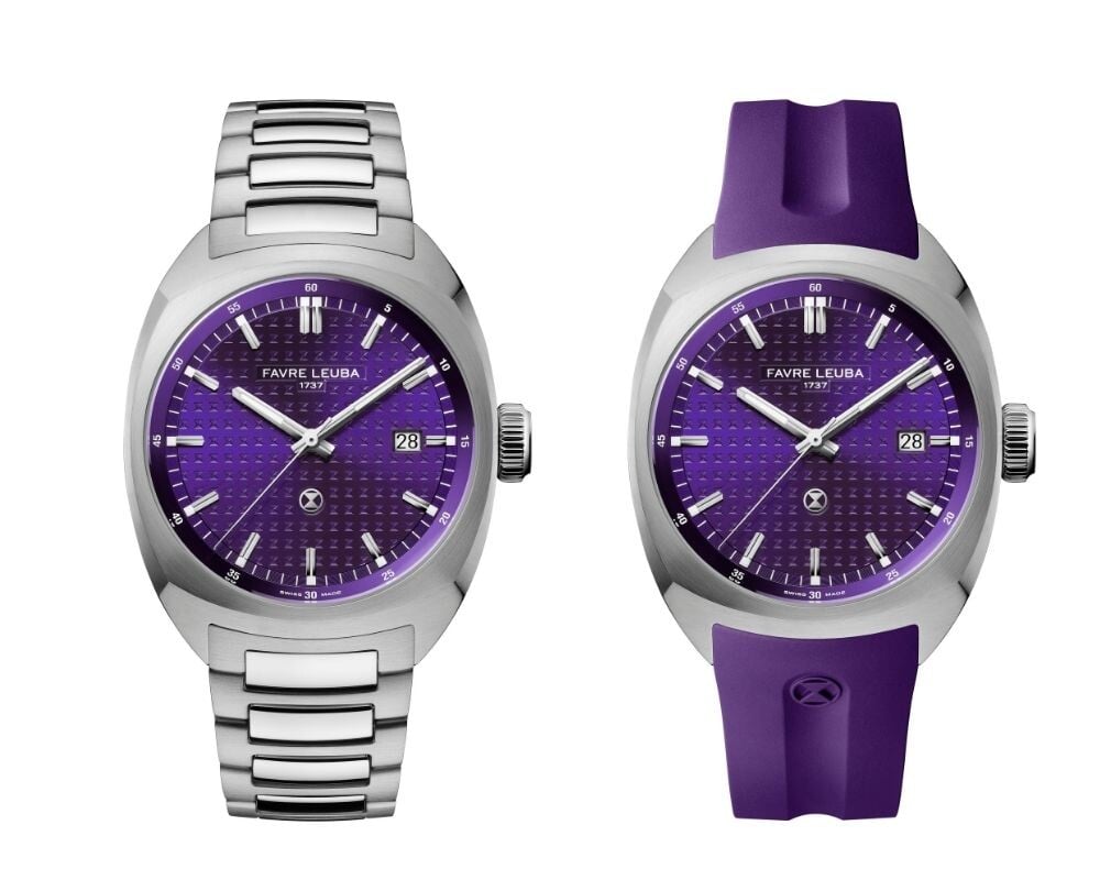 Dois relógios Favre Leuba Chief Royal Purple vistos de frente