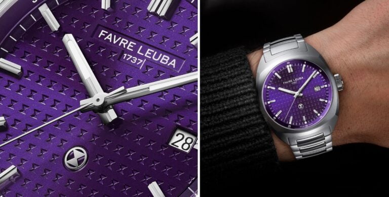 Detalhe do mostrador roxo texturado do Chief Date Royal Purple e relógio Favre Leuba no pulso com bracelete em aço.