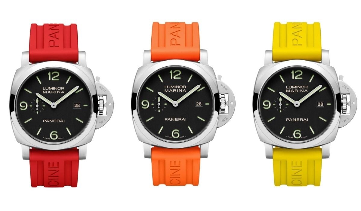 Três relógios Luminor da Panerai com caixas em aço, mostrador preto e braceletes coloridas.
