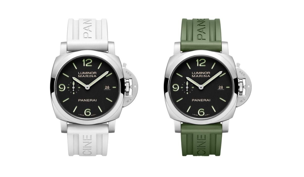 Dois relógios Luminor da Panerai com caixas em aço, mostrador preto e braceletes em branco e em verde.