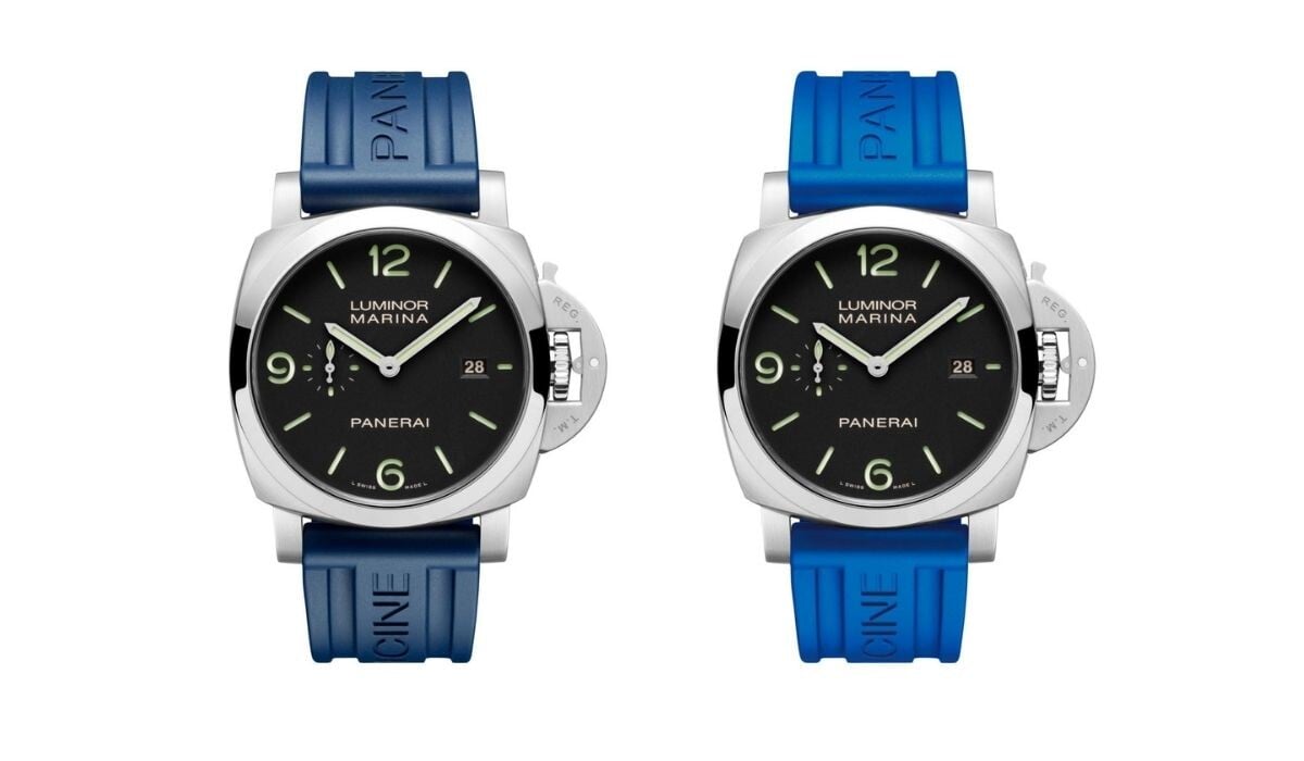 Dois relógios Luminor da Panerai com caixas em aço, mostrador preto e braceletes azuis. Os relógios estão posicionados de frente.