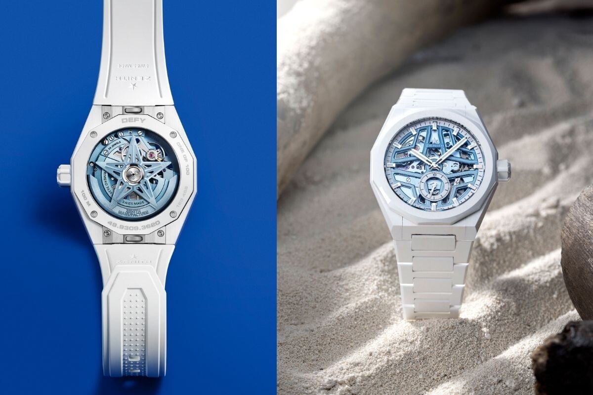 Vista traseira e frontal do relógio Zenith DEFY Skyline Skeleton White Ceramic, destacando o mecanismo visível e o design branco elegante.