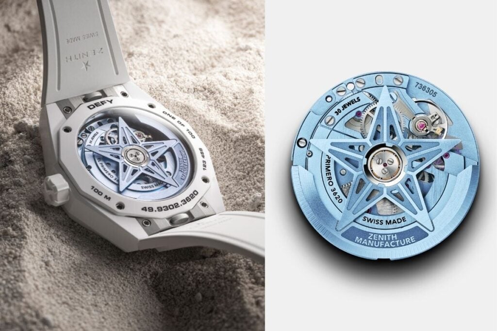Close-up do movimento interno azul do Zenith DEFY Skyline Skeleton White Ceramic e o mesmo relógio com fundo voltado para cima permitindo ver o mecanismo.
