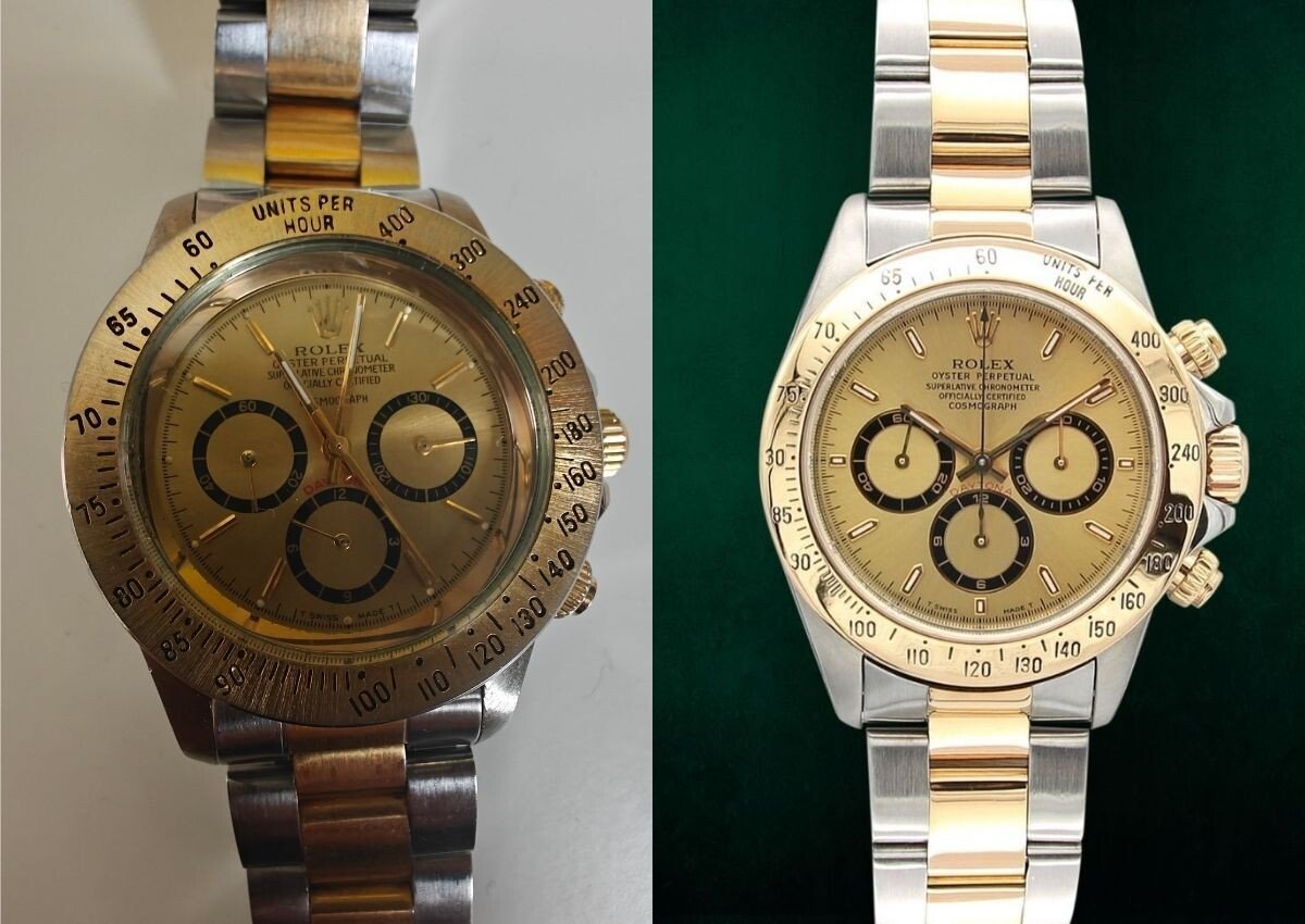 Um Rolex Daytona falso em comparação com um verdadeiro | Fotos: Catawiki
