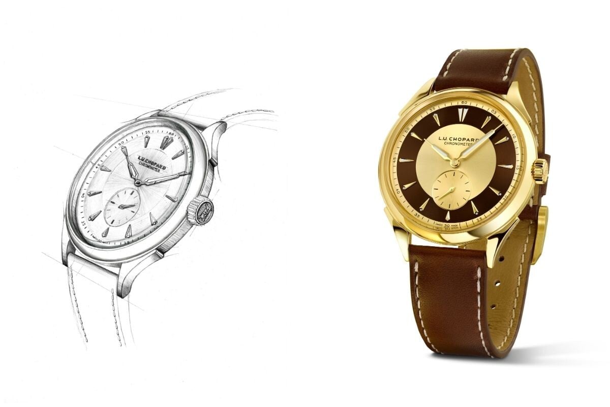 O relógio L.U.C Qualité Fleurier 20th Anniversary Edition da Chopard com caixa dourada, mostrador dourado com faixa castanha e correia castanha. Ao lado encontra-se uma representação em desenho a preto e branco do mesmo relógio.