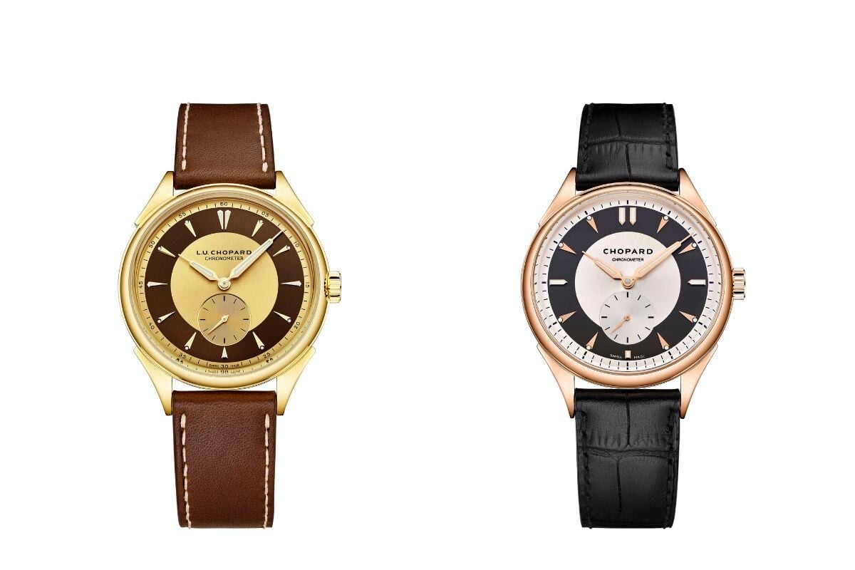 dois relógios de pulso Chopard lado lado, um com caixa em ouro amarelo e outro com caixa em ouro rosa e ambos com mostradores em setores